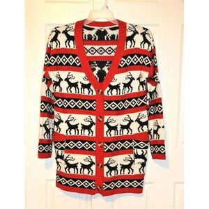 Vintage Womens Size L Knit Cariboo Reindeer Sweater Button Front Red Black White